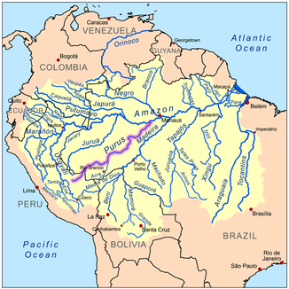 Karte des Amazonasbeckens, Rio Purus hervorgehoben