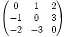 
  \begin{pmatrix}
    0 &amp;amp; 1 &amp;amp; 2 \\
    -1 &amp;amp; 0 &amp;amp; 3 \\
    -2 &amp;amp; -3 &amp;amp; 0
  \end{pmatrix}
