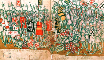 Die Schlacht von Worringen, Illustration aus Brabantsche Yeesten von Jan van Boendaele (ca. 1316–1350)