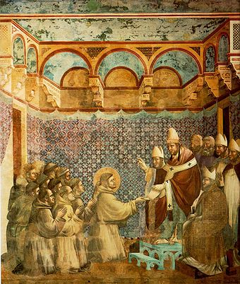 Franz und seine Brüder erbitten die Bestätigung der Regel (Darstellung von Giotto di Bondone, um 1295)