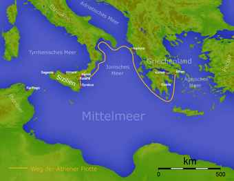 Der Weg der athenischen Flotte während der Sizilienexpedition