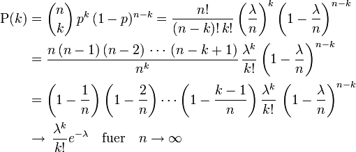 \begin{align}\operatorname{P}(k) &amp;amp;amp;= {n \choose k} \, p^{k}\, (1-p)^{n-k}
=\frac{n!}{(n-k)! \, k!}\left(\frac{\lambda}{n}\right)^k\left(1-\frac{\lambda}{n}\right)^{n-k}
\\ &amp;amp;amp;=\frac{n\, (n-1)\, (n-2)\, \cdots \, (n-k+1)}{n^k}\, \frac{\lambda^k}{k!}\left(1-\frac{\lambda}{n}\right)^{n-k}
\\ &amp;amp;amp;=\left(1-\frac{1}{n}\right)\left(1-\frac{2}{n}\right) \cdots \left(1-\frac{k-1}{n}\right)\frac{\lambda^k}{k!}\,\left(1-\frac{\lambda}{n}\right)^{n-k}
\\ &amp;amp;amp;\to \, \frac{\lambda^k}{k!} e^{-\lambda}\quad \text{fuer}\quad n\to\infty\end{align}