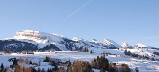 Chäserrugg, Hinterrugg, Schibestoll, Zuestoll, Brisi, Frümsel und Selun (v.l.n.r.) aufgenommen in Wildhaus, SG