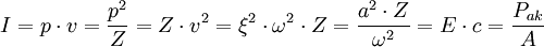 
I = p \cdot v = \dfrac{p^2}{Z} = Z \cdot v^2 = \xi^2 \cdot \omega^2 \cdot Z = \dfrac{a^2 \cdot Z}{\omega^2} = E \cdot c = \dfrac{P_{ak}}{A} \, 
