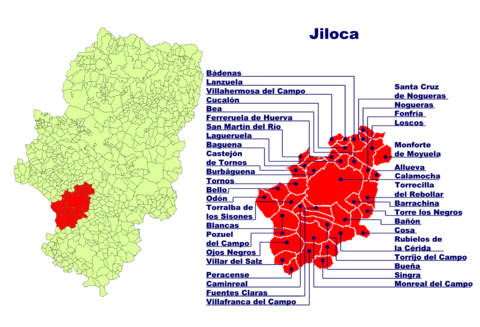 Lage der Comarca del Jiloca in Aragonien und Lage der Gemeinden