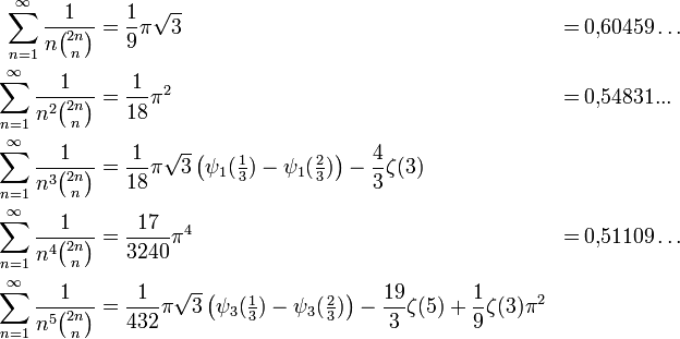 \begin{align}\sum_{n=1}^\infty \frac1{n\binom{2n}n} &amp;amp;= \frac19\pi\sqrt 3 &amp;amp;=&amp;amp;\, 0{,}60459\ldots \\
\sum_{n=1}^\infty \frac1{n^2\binom{2n}n} &amp;amp;= \frac1{18}\pi^2 &amp;amp;=&amp;amp;\, 0{,}54831... \\
\sum_{n=1}^\infty \frac1{n^3\binom{2n}n} &amp;amp;= \frac1{18}\pi\sqrt3 \left(\psi_1(\tfrac13)-\psi_1(\tfrac23)\right) -\frac43\zeta(3) &amp;amp; {} &amp;amp; {} \\
\sum_{n=1}^\infty \frac1{n^4\binom{2n}n} &amp;amp;= \frac{17}{3240}\pi^4 &amp;amp;=&amp;amp;\, 0{,}51109\ldots \\
\sum_{n=1}^\infty \frac1{n^5\binom{2n}n} &amp;amp;= \frac1{432}\pi\sqrt3 \left(\psi_3(\tfrac13)-\psi_3(\tfrac23)\right) -\frac{19}3\zeta(5)+\frac19\zeta(3) \pi^2 &amp;amp; {} &amp;amp; {} \end{align}