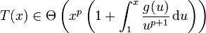 T(x) \in  \Theta \left( x^p\left( 1+\int_1^x \frac{g(u)}{u^{p+1}} \, \mathrm{d}u \right)\right)