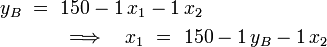 \begin{matrix}
y_B ~=~ 150 - 1\,x_1 - 1\,x_2 \qquad\qquad\qquad\qquad\qquad\\[3pt]
\Longrightarrow\quad  x_1 ~=~ 150 - 1\,y_B - 1\,x_2
\end{matrix}