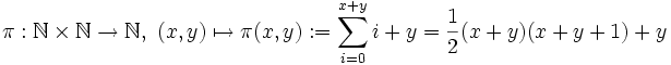 \pi : \mathbb{N} \times \mathbb{N} \to \mathbb{N}, ~ (x,y) \mapsto 
      \pi(x, y) := \sum_{i=0}^{x+y} i + y = \frac{1}{2} (x + y) (x + y + 1) + y