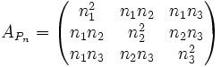 A_{P_n} = \begin{pmatrix} n_1^2 &amp;amp; n_1 n_2 &amp;amp; n_1 n_3 \\ n_1 n_2 &amp;amp; n_2^2 &amp;amp; n_2 n_3 \\ n_1 n_3 &amp;amp; n_2 n_3 &amp;amp; n_3^2 \end{pmatrix}