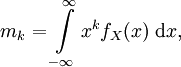  m_k = \int\limits_{-\infty}^{\infty} x^k f_X(x)\;\mathrm{d} x, 
