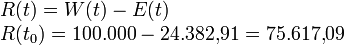 \begin{array}{l}
R(t) = W(t) - E(t)\\
R(t_0 ) = 100{.}000 - 24{.}382{,}91 = 75{.}617{,}09\\
\end{array}