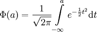  \Phi(a) = \frac{1}{ \sqrt{2 \pi}} \int\limits_{-\infty}^{a} e^{-\frac{1}{2} t^2} \mathrm d t