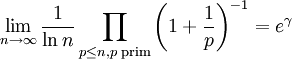 \lim_{n\to\infty} \frac 1{\ln n} \prod_{p\le n, p\text{ prim}} \left( 1+\frac 1p \right)^{-1} = e^\gamma