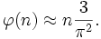 \varphi(n) \approx n\frac{3}{\pi^2}.