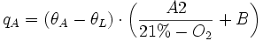 q_A = (\theta_A - \theta_L) \cdot  \left(\frac{A2}{21%-O_2} + B \right) 
