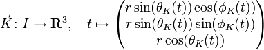 \vec{K} \colon I \to \mathbf{R}^3, \quad t \mapsto
\begin{pmatrix}
r\sin(\theta _{K}(t))\cos(\phi _{K}(t))\\
r\sin(\theta _{K}(t))\sin(\phi _{K}(t))\\
r\cos(\theta _{K}(t))
\end{pmatrix}
