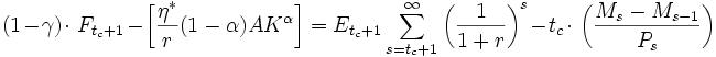  (1-\gamma) \cdot\ F_{{t_c}+1} - \left[\frac{\eta^*}{r} (1-\alpha)  A K^\alpha\right] = E_{{t_c}+1} \sum_{s=t_{c}+1}^\infty  \left(\frac {1}{1+r}\right)^s-t_c \cdot\ \left(\frac {M_s - M_{s-1}}{P_s}\right)  