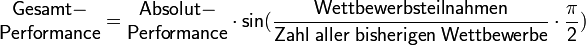 \mathsf{\begin{matrix}\mathrm{\mathsf{Gesamt-}}\\\mathrm{\mathsf{Performance}}\end{matrix}=\begin{matrix}\mathrm{\mathsf{Absolut-}}\\\mathrm{\mathsf{Performance}}\end{matrix}\cdot sin(\frac{\mathrm{\mathsf{Wettbewerbsteilnahmen}}}{\mathrm{\mathsf{Zahl\;aller\;bisherigen\;Wettbewerbe}}}\cdot\frac{\pi}{2})}