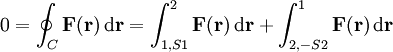 0=\oint_C \mathbf F (\mathbf r) \, \mathrm d \mathbf r=\int_{1, S1}^{2} \mathbf F (\mathbf r) \, \mathrm d \mathbf r +\int_{2, -S2}^{1} \mathbf F (\mathbf r) \, \mathrm d \mathbf r