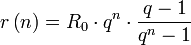 r\left(n\right) = R_0 \cdot q^n \cdot\frac{q - 1}{q^n - 1}