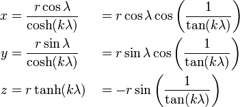 \begin{align}
  x &amp;amp;amp;= \frac {r \cos \lambda } {\cosh(k \lambda)} &amp;amp;amp;&amp;amp;amp;= r \cos \lambda \cos \left( \frac {1} {\tan (k \lambda)} \right) \\
  y &amp;amp;amp;= \frac {r \sin \lambda } {\cosh(k \lambda)} &amp;amp;amp;&amp;amp;amp;= r \sin \lambda \cos \left( \frac {1} {\tan (k \lambda)} \right) \\
  z &amp;amp;amp;= r \tanh(k \lambda)                         &amp;amp;amp;&amp;amp;amp;= - r  \sin \left( \frac {1} {\tan (k \lambda)} \right) 
\end{align}