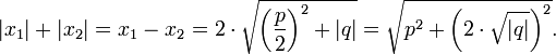  \vert x_1\vert +\vert x_2 \vert = x_1 - x_2 = 2\cdot \sqrt{ \left ({p\over 2} \right )^2 +\vert q\vert} = \sqrt{ p^2+ \left(2\cdot \sqrt{ \vert q\vert}\right )^2 }. 